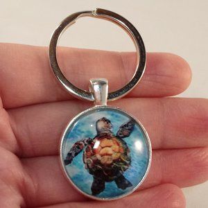 Silver Sea Turtle Cabochon Pendant Key Chain Key Ring Gift